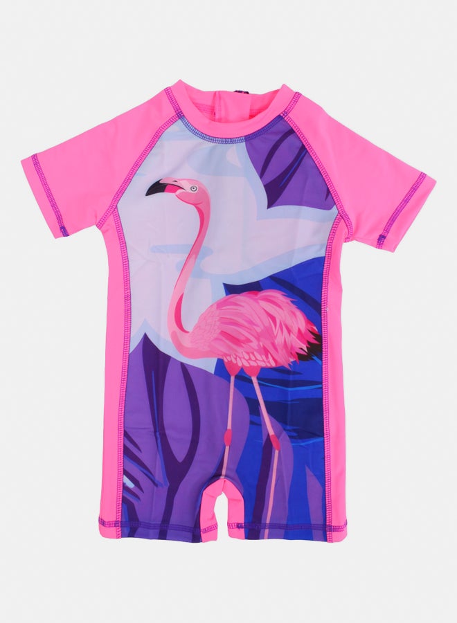 I.Wear I.Wear Girls Overall Swimsuit – Fuchsia with Swan Print - Image 1