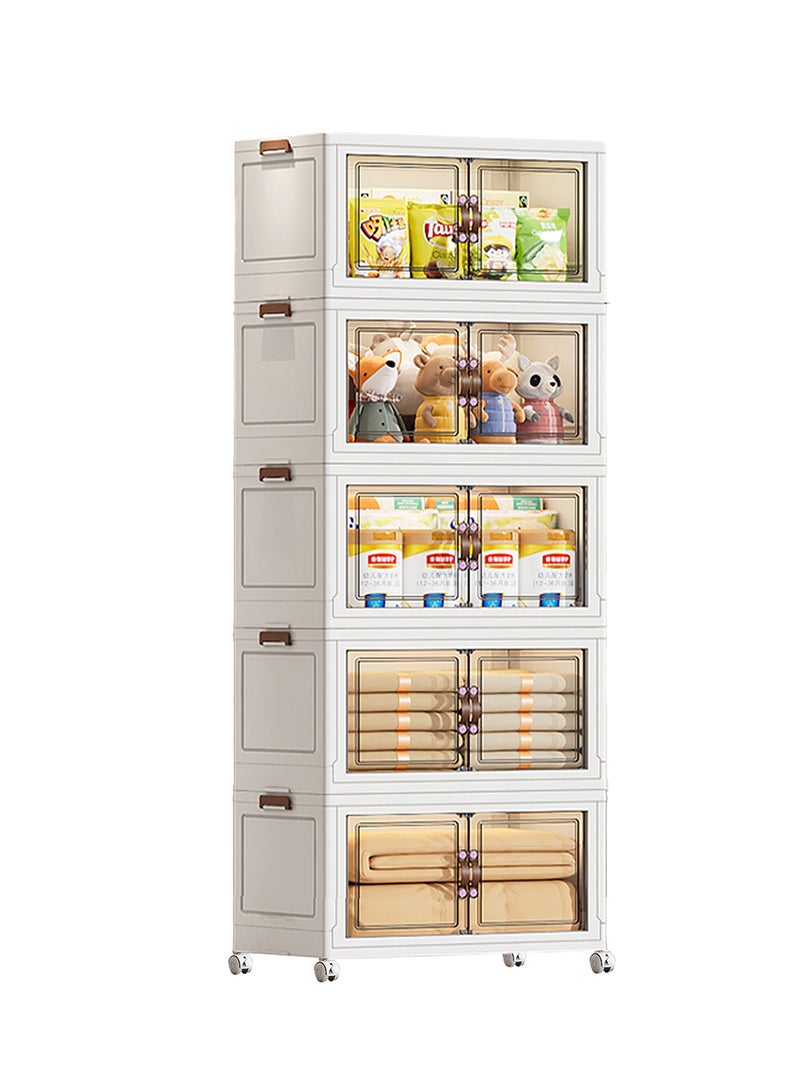 Ollieroo خزانة تخزين بلاستيكية قابلة للطي بخمسة أرفف مع عجلات – منظم PP بأبواب مغناطيسية شفافة، تصميم قابل للتكديس وتوفير المساحة للمطبخ أو غرفة النوم أو غرفة المعيشة، 65 × 42 × 179.5 سم - Image 1