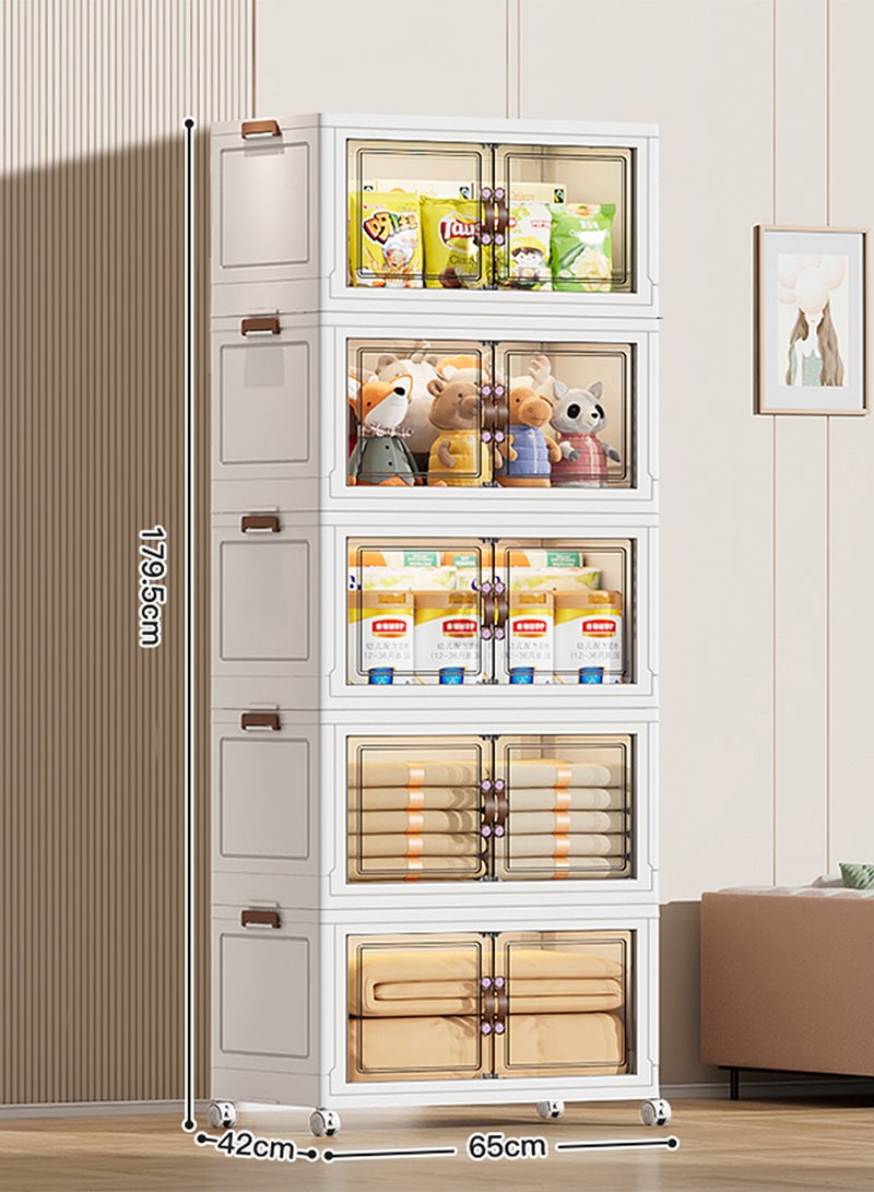 Ollieroo خزانة تخزين بلاستيكية قابلة للطي بخمسة أرفف مع عجلات – منظم PP بأبواب مغناطيسية شفافة، تصميم قابل للتكديس وتوفير المساحة للمطبخ أو غرفة النوم أو غرفة المعيشة، 65 × 42 × 179.5 سم - Image 2