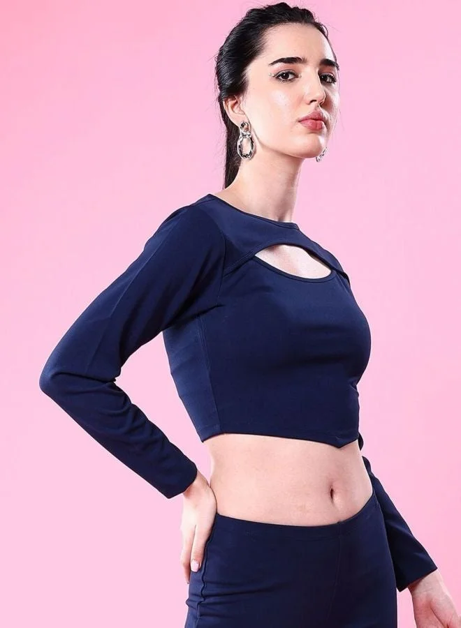 مرفوعة Women Regular Fit Solid Keyhole Neck Long Sleeve Cut Out Top