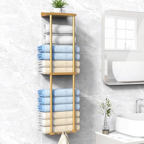 Liuoud Towel Rack for Bathroom, Wall Mounted Vertical Rolled Towel Storage Organizer Holder with Shelf, Holds Up 6 Large Bath Sheets, Gold - Image 1
