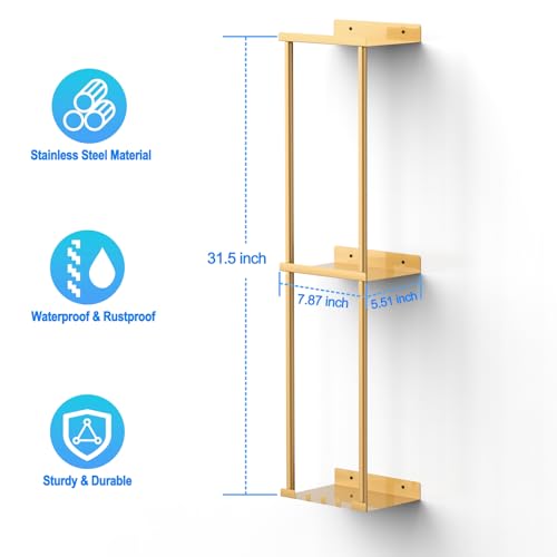 Liuoud Towel Rack for Bathroom, Wall Mounted Vertical Rolled Towel Storage Organizer Holder with Shelf, Holds Up 6 Large Bath Sheets, Gold - Image 2