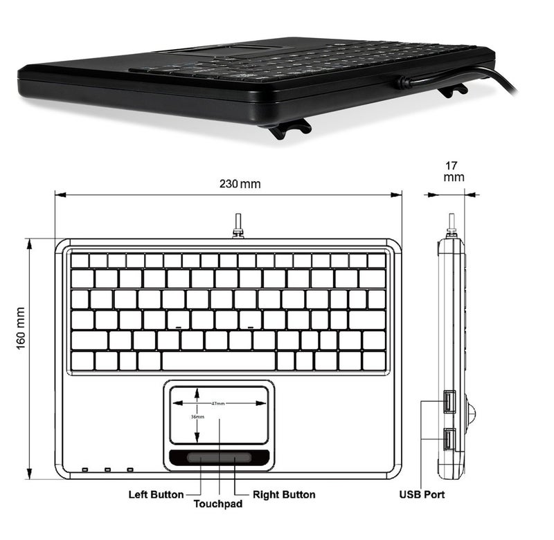 Perixx PERIBOARD-510H Plus, Wired Super Mini USB Touchpad Keyboard, X Type Scissor Keys with 2 Built-in Hubs, Black, US English Layout (11005) - Image 3