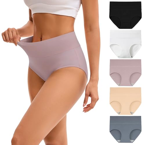 INNERSY Women's High Cut Solid Color Tummy Control Cotton Underpants Briefs 5 Pack (Neutral Assorted, S) - Image 1