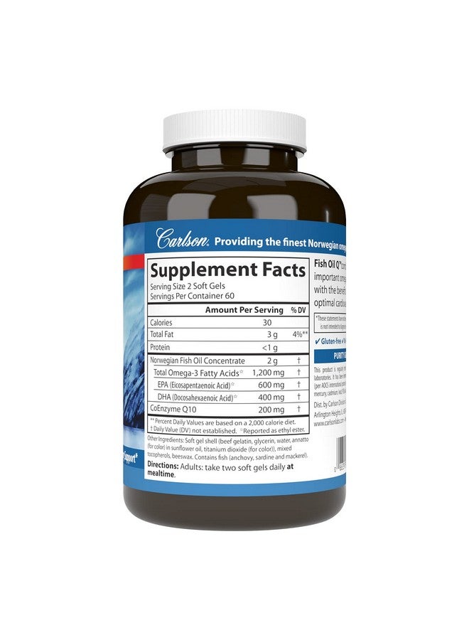 Carlson كارلسون - زيت السمك Q، 1200 ملغ أوميغا-3s 200 ملغ CoQ10، وظيفة، إنتاج الطاقة ودعم الدورة الدموية، 120 كبسولة لينة - Image 2