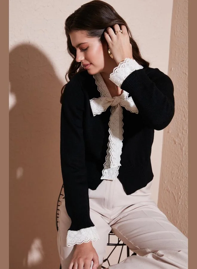 ليلا كارديجان نسائي من ليلا دانتيل بياقة رباط بقصة عادية بأزرار