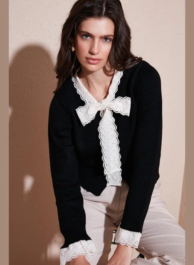 ليلا كارديجان نسائي من ليلا دانتيل بياقة رباط بقصة عادية بأزرار