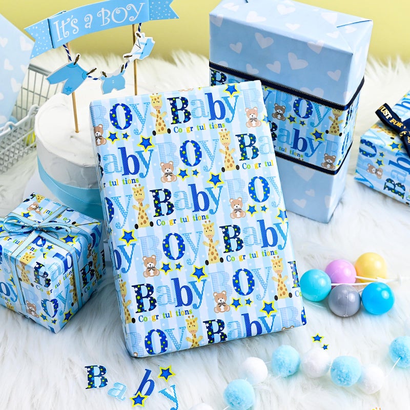 Yarcony Boy Baby Shower Wrapping Paper Jumbo Roll - 17 Inch X 33 Feet - Reversible Cute Blue Baby Boy Animal Heart Theme Newborn Gift Wrap Paper for 1st Birthday, Baby Shower, Children's Christening - Image 4