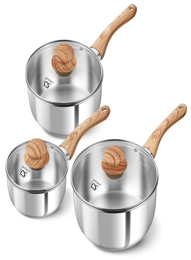 KOCH SYSTEME CS Stainless Steel Saucepan Set 1QT 2QT 3QT, 18/10 Stainless Steel Sauce Pan with Glass Lid, Even Heating Sauce Pot with Wood Grain Stay Cool Handle, Induction Compatible, Dishwasher Safe - Image 1