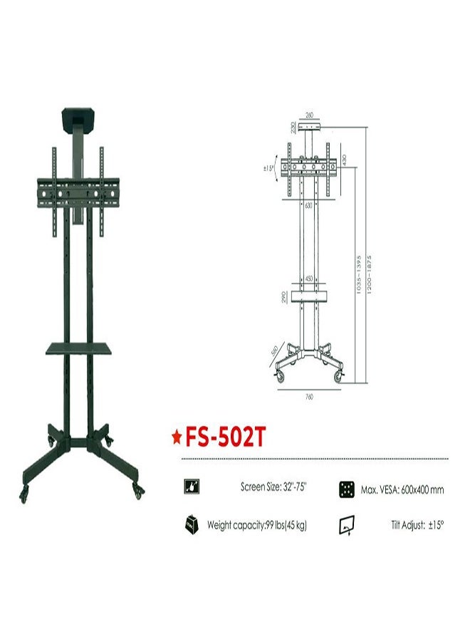 FS-502T Mobile TV Stand with Height and Tilt Adjustment for 32"–75" Screens, 99 lbs (45 kg) Capacity – Portable Display Solution with Integrated AV Shelf and ±15° Tilt for Enhanced Viewing Flexibility