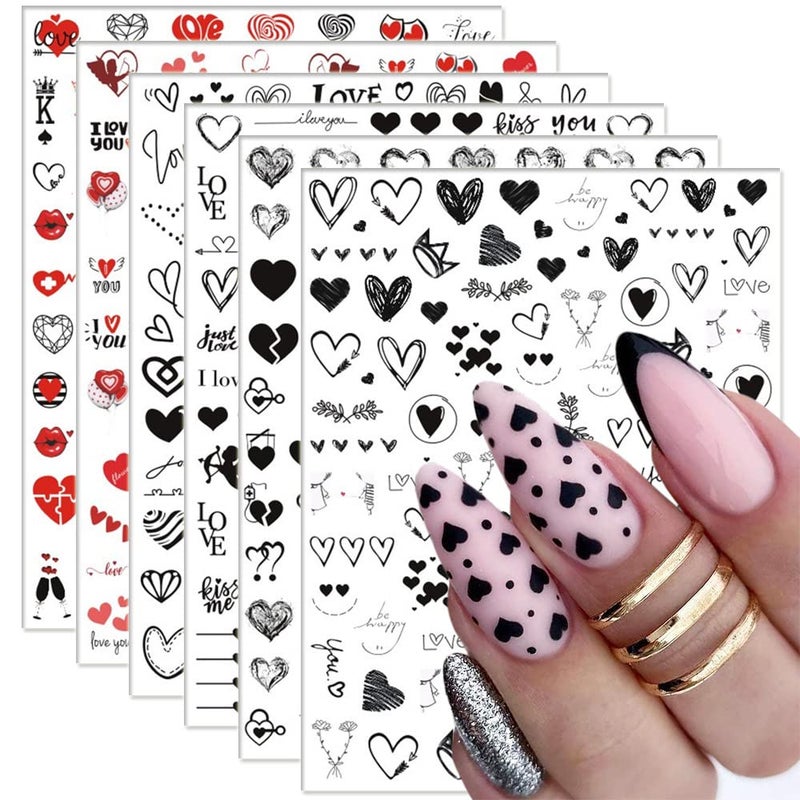 SINSEN Heart Nail Stickers - 6 Sheets Hearts Nail Decals for Women - 3D Self Adhesive Heart Nail Art Stickers - Black Red Heart Love Angel Cupid Nail Designs DIY Valentines Manicure Decorations