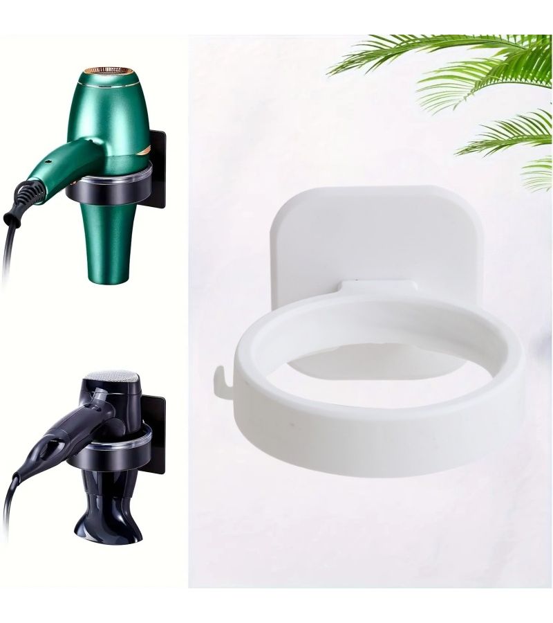 White No Drill Wall Mounted Hair Dryer Holder With Storage Hooks - Image 2