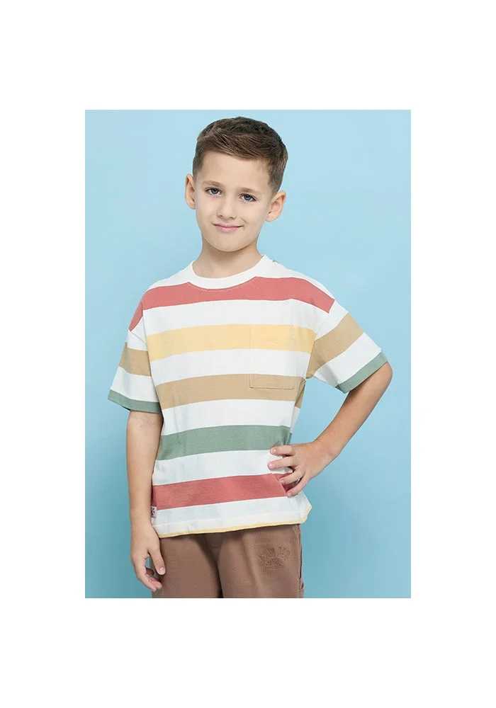 أر أند بي Striped T-Shirt with Crew Neck and Short Sleeves