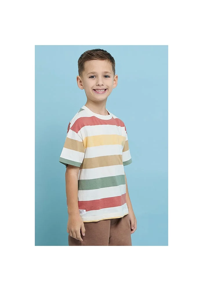 أر أند بي Striped T-Shirt with Crew Neck and Short Sleeves