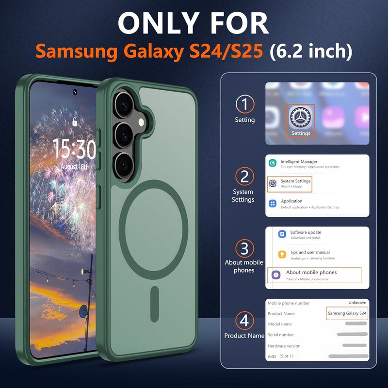 حافظة المغناطيسية لهواتف Samsung S24/S25 [متوافقة مع تقنية MagSafe] | 2 طبقة حماية للشاشة | مقاومة للتصفر وبصمات الأصابع، مقاومة للصدمات، نسيج ناعم وشفاف يناسب شكل الهواتف - لون أخضر داكن - Image 2