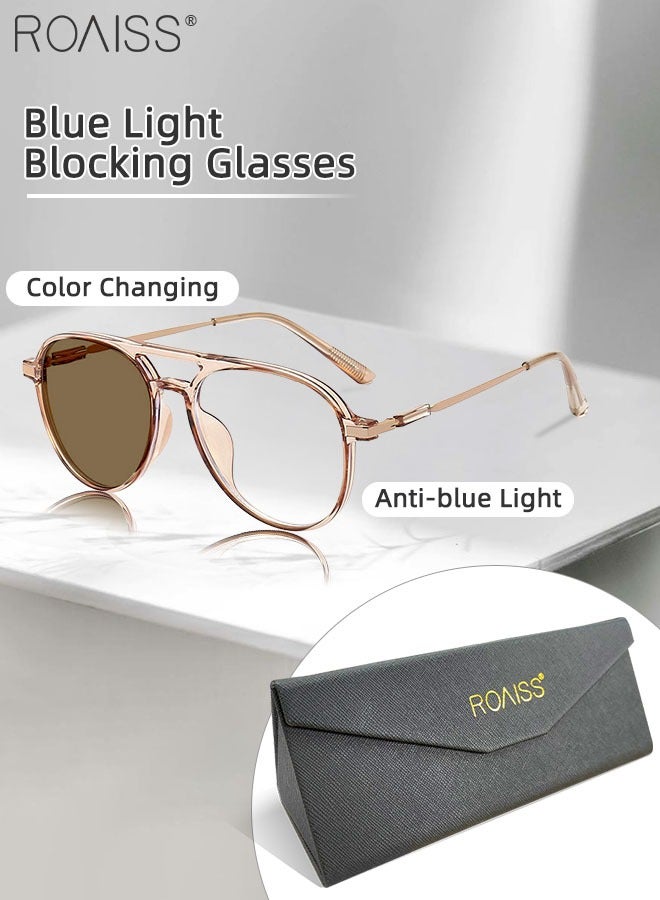 رويس نظارة حجب الضوء الأزرق، مضادة للأشعة فوق البنفسجية والوهج، نظارات كمبيوتر بفلتر الضوء الأزرق، نظارات أفياتور متغيرة اللون للرجال والنساء، بني شفاف، 52 مم - Image 1