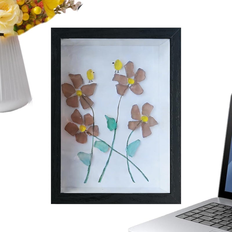 Sea Glass Picture Frame,Sea Glass Flower Bird Table Decoration | Decorative Photo Frame,for Home Office Dorm Living Room Bedroom Study Nursery Nightstand Beach House Collectors - Image 1