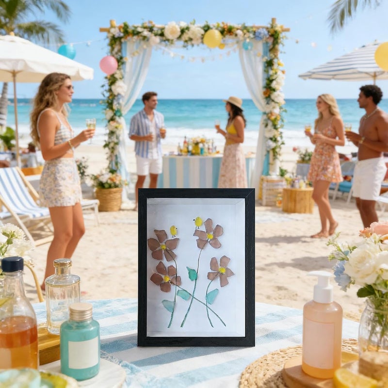 Sea Glass Picture Frame,Sea Glass Flower Bird Table Decoration | Decorative Photo Frame,for Home Office Dorm Living Room Bedroom Study Nursery Nightstand Beach House Collectors - Image 2