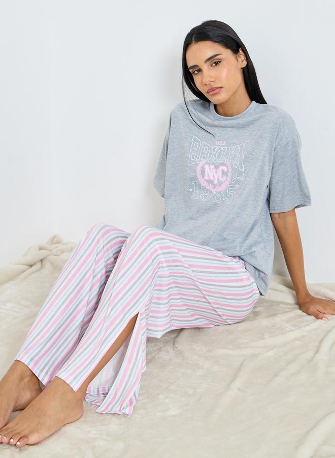 A set of pajama pants and a T-shirt with graphic p...