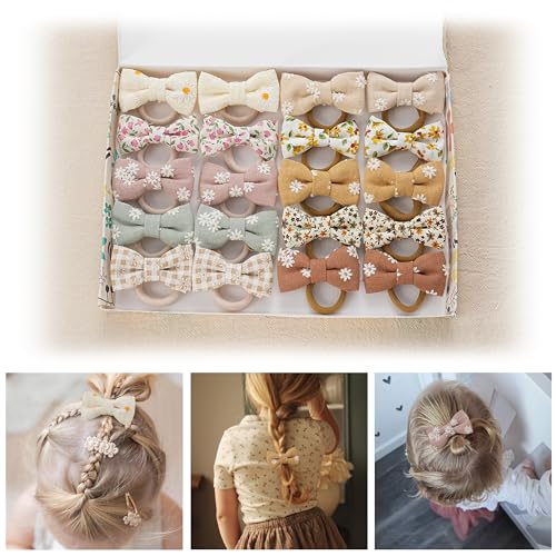 Fancy Clouds Baby Toddler Girls Hair Ties with Linen Bows Embroidered Flower20 pcs No Damage Elastic Nylon Hair Bands Ponytail HoldersSmall Hair Accessories Gifts for Girls Kids Children Thick Thin Hair - Image 1