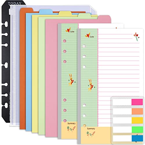 Rancco Cornell-Note Taking-System A6 Planner Refill Paper, 90 Page Colorful 5R Cornell Notes 6-Ring Binder Loose-leaf Inserts w/Zipper Pouch, Binder Divider, Ruler, Index Tab, College Ruled, 6.9x3.7" - Image 1