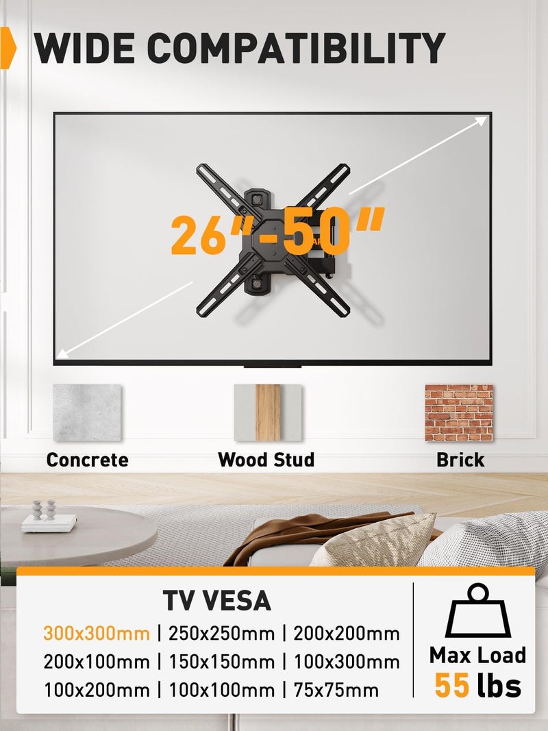 Perlegear Full Motion TV Wall Mount for Most 26â€“50 Inch TVs, Max VESA 300 x 300mm, TV Monitor Wall Mount Bracket with Rotation, Swivel, Tilt, Extension and Leveling Adjustment, Holds up to 55 lbs - Image 2