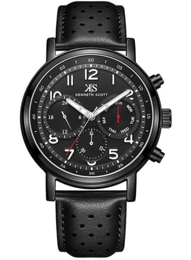 KENNETH SCOTT Kenneth Scott Men's Epson VX9J Movement Watch, Analog Display and Leather Strap - K24119-BLBB, Black