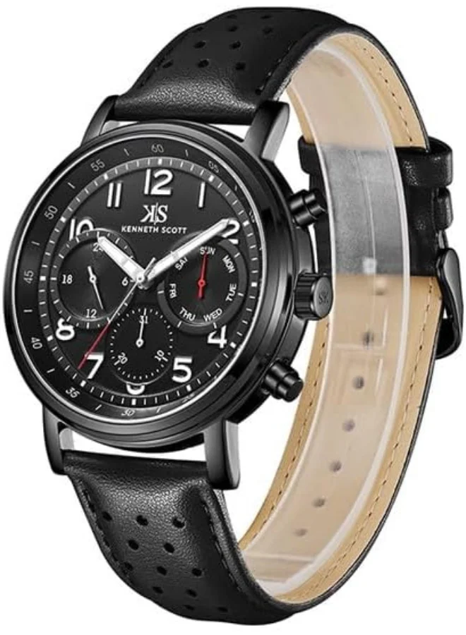 KENNETH SCOTT Kenneth Scott Men's Epson VX9J Movement Watch, Analog Display and Leather Strap - K24119-BLBB, Black