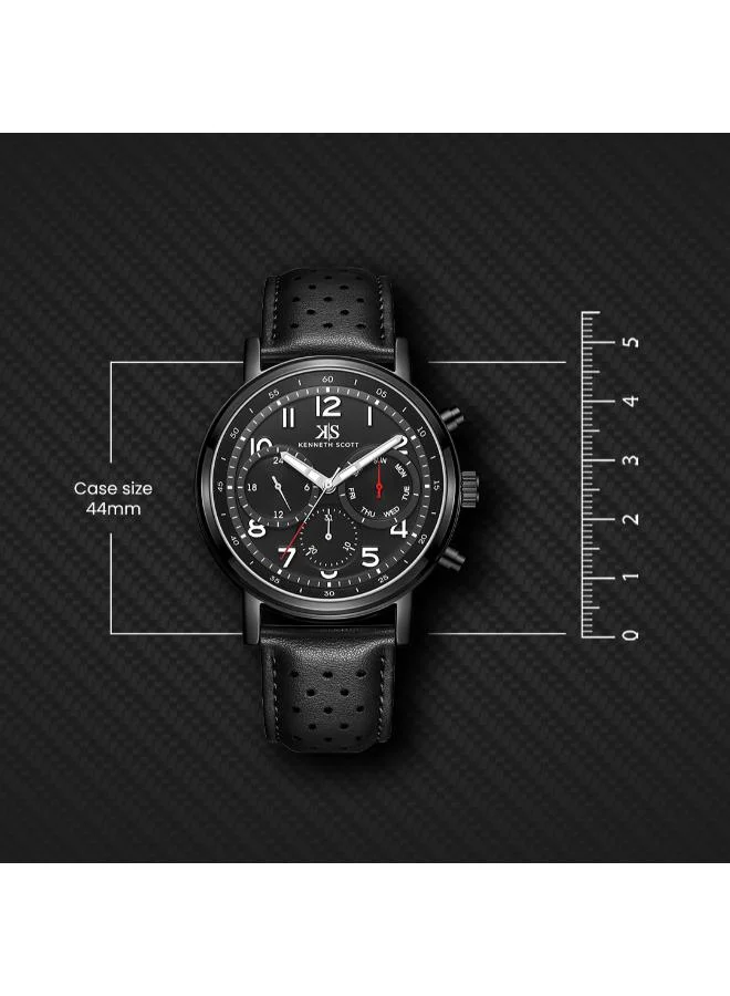 Kenneth Scott black Men's Leather  Analog Watch K24119-BLBB - 44 mm for Men | Best Price UAE
