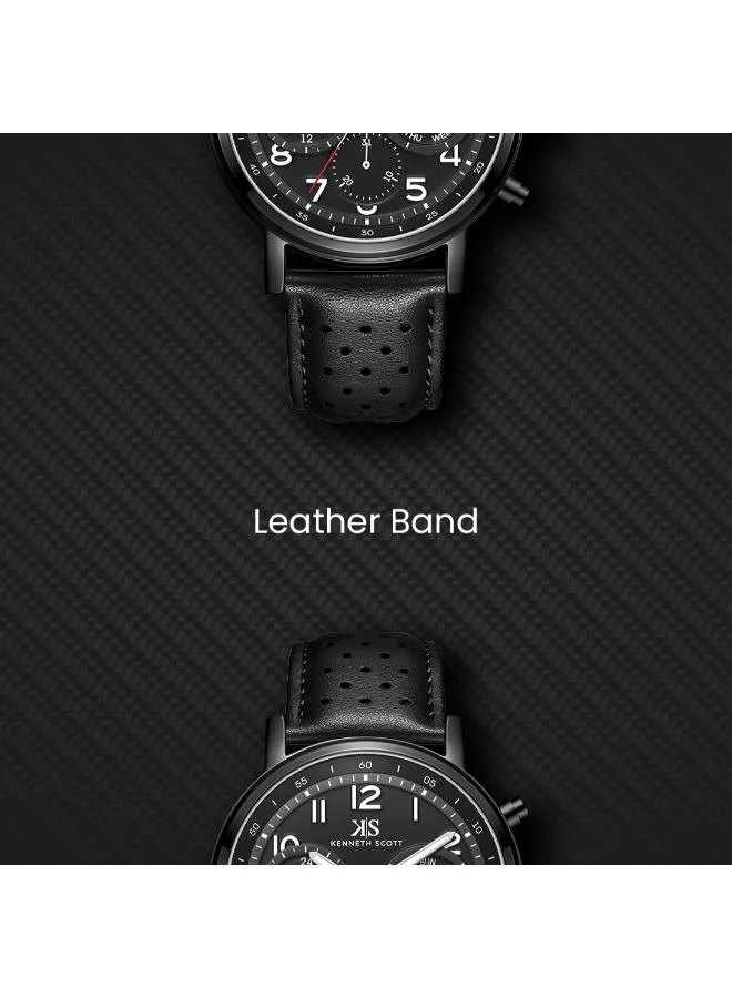 Kenneth Scott black Men's Leather  Analog Watch K24119-BLBB - 44 mm for Men | Best Price UAE