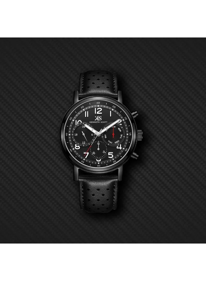 Kenneth Scott black Men's Leather  Analog Watch K24119-BLBB - 44 mm for Men | Best Price UAE