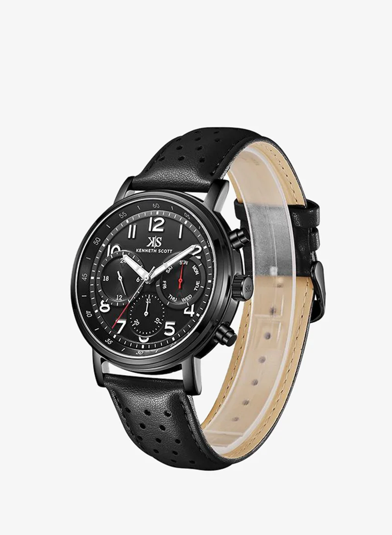 Kenneth Scott black Men's Leather  Analog Watch K24119-BLBB - 44 mm for Men | Best Price UAE