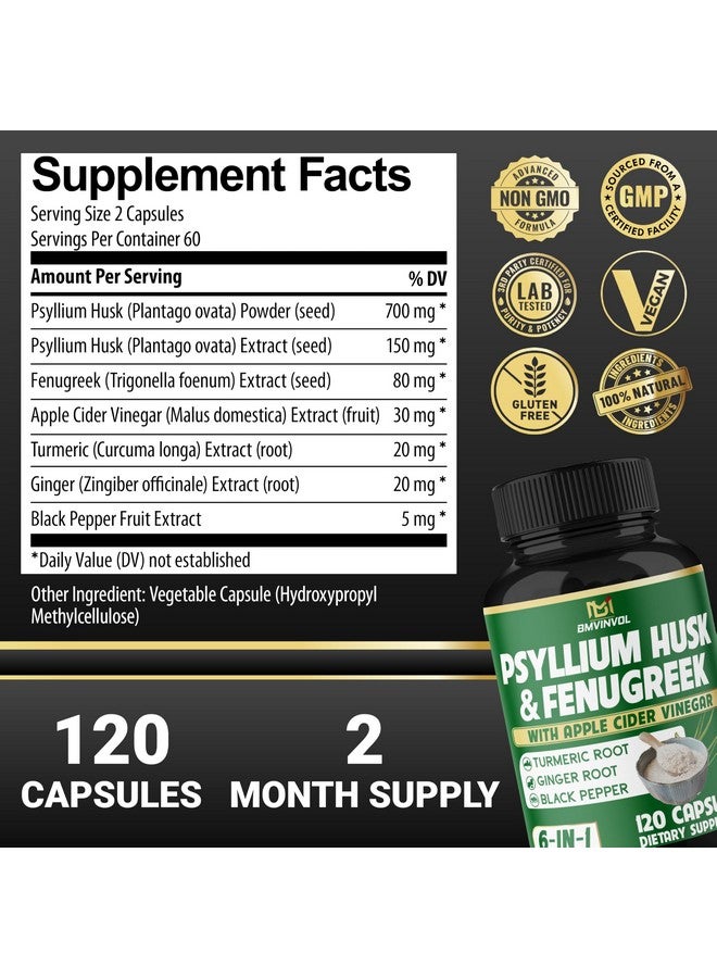 BMVINVOL BMVINVOL 6in1 Psyllium Husk, Fenugreek, Apple Cider Vinegar, Turmeric, Ginger, Black Pepper - Soluble Fiber for Supports Digestive Health & Regularity - 120 Capsules [2-Month Supply] - Image 2