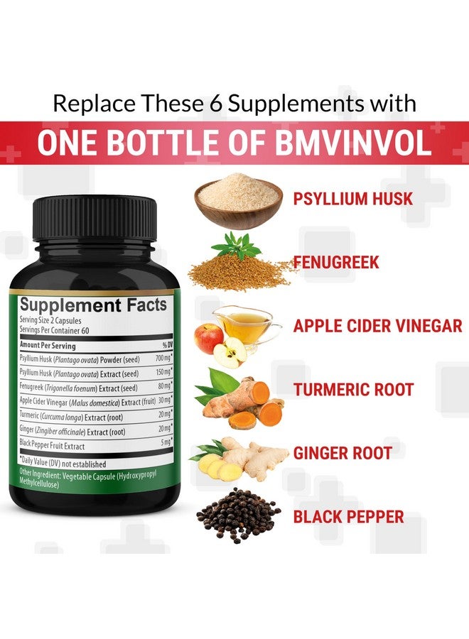 BMVINVOL BMVINVOL 6in1 Psyllium Husk, Fenugreek, Apple Cider Vinegar, Turmeric, Ginger, Black Pepper - Soluble Fiber for Supports Digestive Health & Regularity - 120 Capsules [2-Month Supply] - Image 4