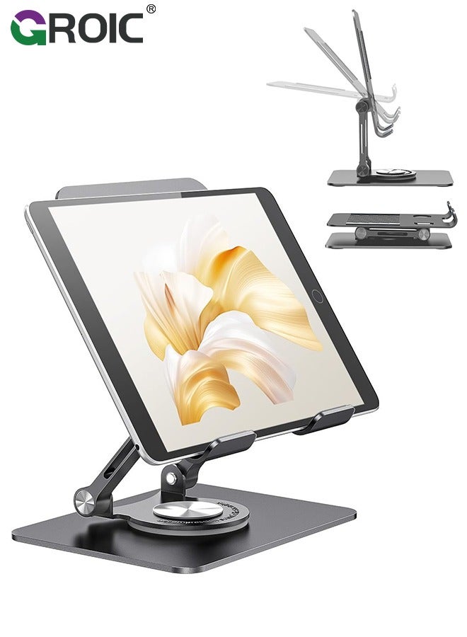 GROIC Swivel Tablet Stand, Aluminum iPad Stand with 360 Rotating Base, Adjustable & Foldable Holder, Compatible iPad/Pro/Air/Mini, Tablets, iPhone 15 Pro, Switch and More 4.7"-12.9" - Image 1