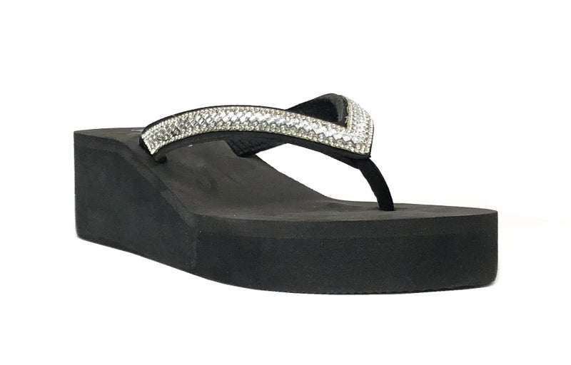 REDVOLUTION New Women's Rhinestone Sandals Platform T-Strap Jewel Sandals High Wedge Flip Flops (7, GEM [Black]) - Image 2