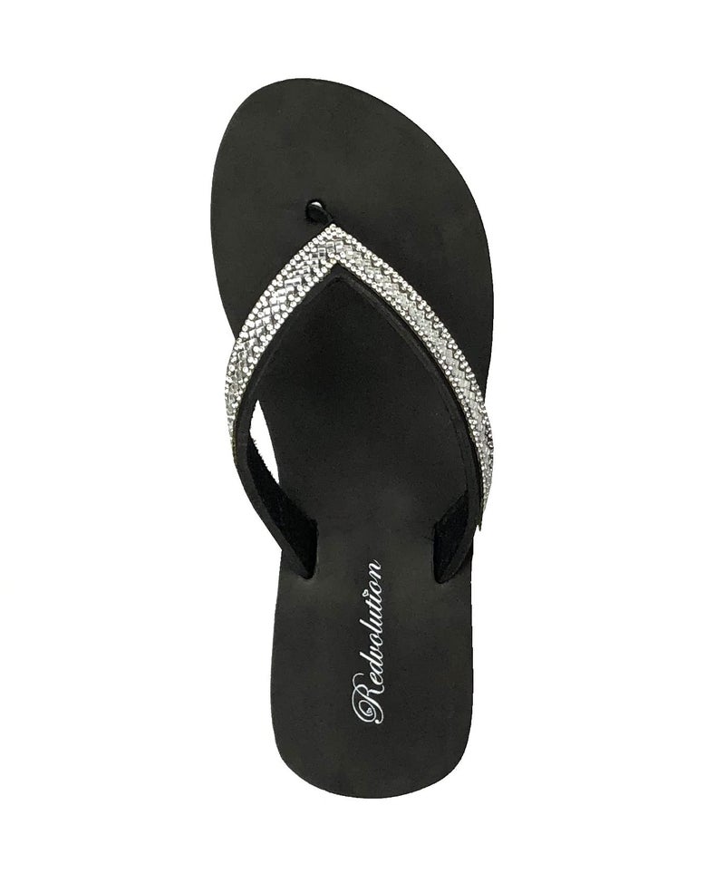 REDVOLUTION New Women's Rhinestone Sandals Platform T-Strap Jewel Sandals High Wedge Flip Flops (7, GEM [Black]) - Image 5