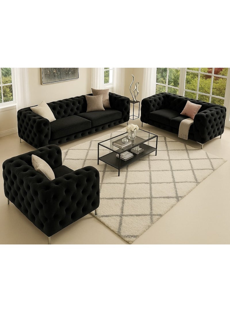 Maharat Al Bahar Maharat Furniture Luxury Chesterfield Sofa Set – 3-Piece Black Tufted Velvet Living Room Set with Armchair, Loveseat & Sofa – Elegant Modern Design with Metal Legs - Image 1