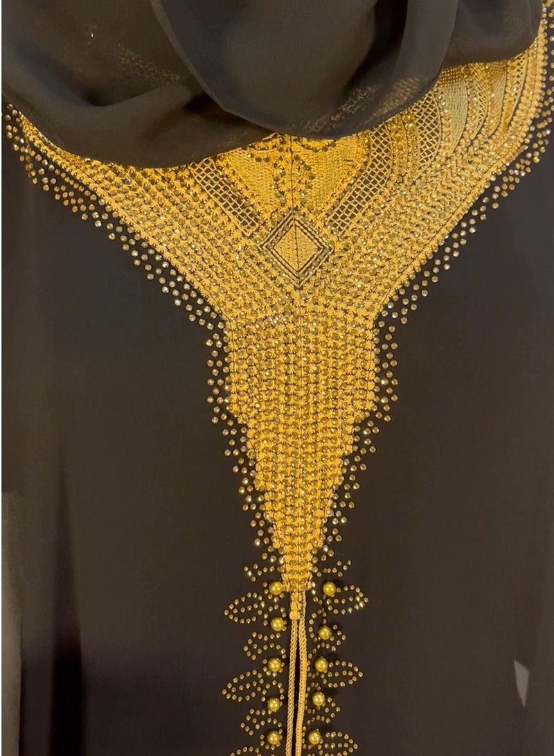 Spiffy Snow Golden Stream Black Nada Abaya/Burqa for Muslim Women with Golden Design with Matching Hijab Black - Image 2
