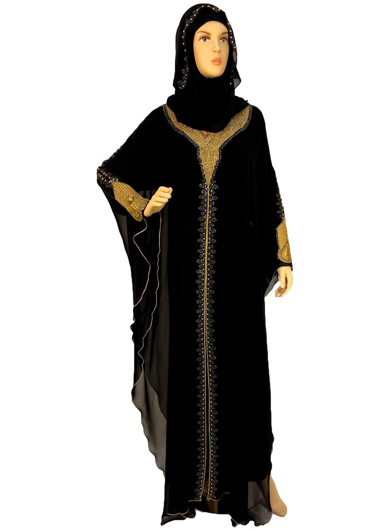 Spiffy Snow Golden Stream Black Nada Abaya/Burqa for Muslim Women with Golden Design with Matching Hijab Black - Image 1