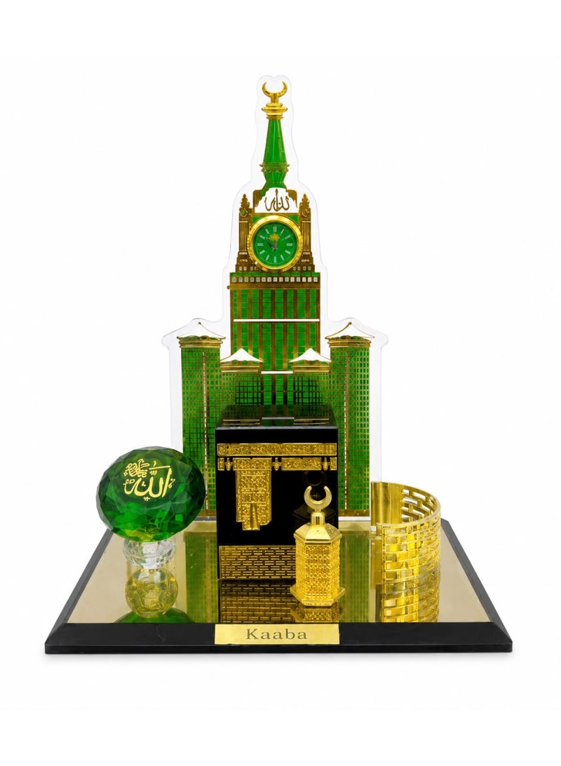 Luxury decorative piece featuring the Kaaba and the Clock Tower, crafted from high-quality crystal glass. The Kaaba model measures 15×11 cm, while the Clock Tower stands 16 cm tall. Presented in a gift-ready box, making it an elegant choice for display or gifting. - Image 1