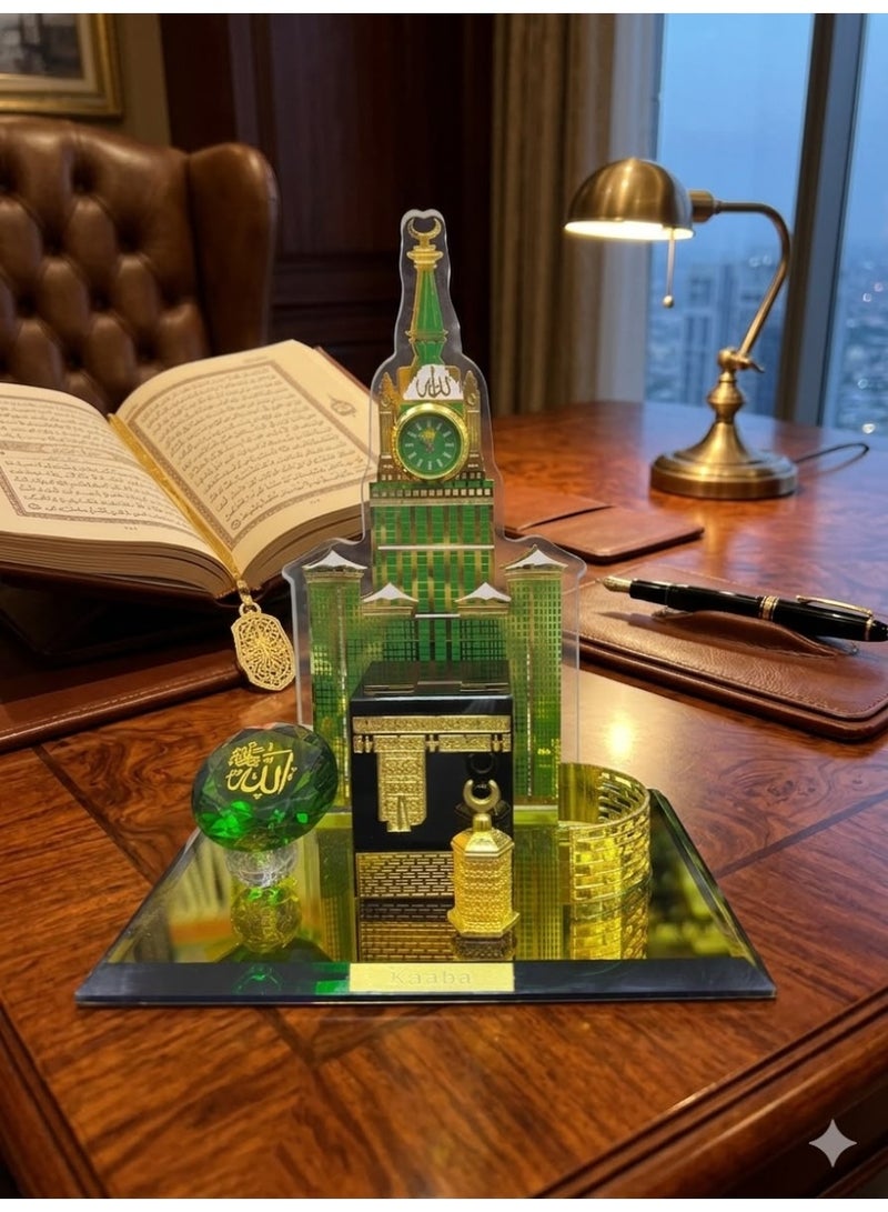 Luxury decorative piece featuring the Kaaba and the Clock Tower, crafted from high-quality crystal glass. The Kaaba model measures 15×11 cm, while the Clock Tower stands 16 cm tall. Presented in a gift-ready box, making it an elegant choice for display or gifting. - Image 2
