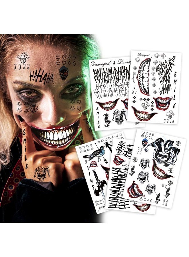 Kotbs 5 Sheets Cosplay Clown Prince JOKAR Temporary Tattoos – Large Tattoo Stickers for Men, Women, and Kids – Evil Smile and Jester-themed Fake Tattoos for Cosplay, Halloween, and Parties – 8.2 x 11.6 Inch - Image 1