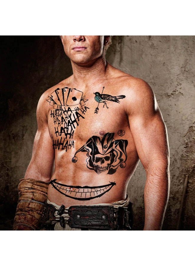 Kotbs 5 Sheets Cosplay Clown Prince JOKAR Temporary Tattoos – Large Tattoo Stickers for Men, Women, and Kids – Evil Smile and Jester-themed Fake Tattoos for Cosplay, Halloween, and Parties – 8.2 x 11.6 Inch - Image 3