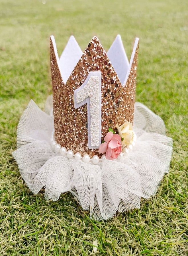 Agkvw Crown for Girls' First Birthday, Rose Gold 1st Birthday Hat, Flower Tutu Crown, Cake Smash Props, Decorations for Girls - Image 1