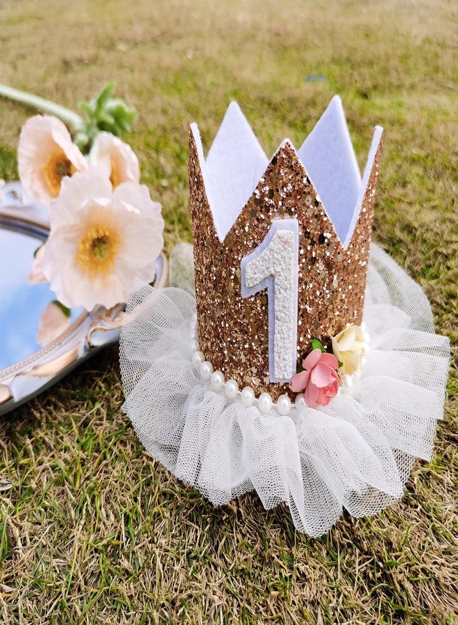 Agkvw Crown for Girls' First Birthday, Rose Gold 1st Birthday Hat, Flower Tutu Crown, Cake Smash Props, Decorations for Girls - Image 2