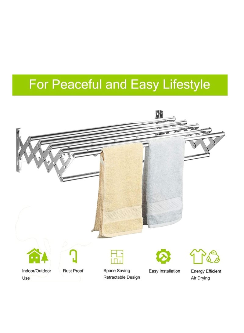 منشر ملابس مثبت على الحائط لتجفيف الملابس مقاوم للصدأ وقابل للسحب مثالي للشرفة أو الغسيل أو الحمام أو الفناء أو غرفة النوم بسعة 66 رطلاً (الحجم: 60 سم) (لون واحد 40 عملي) - Image 4