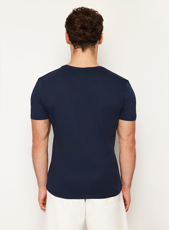 trendyol Navy Blue Slim/Slim Cut Basic V Neck Short Sleeve 100% Cotton T-Shirt - Image 2