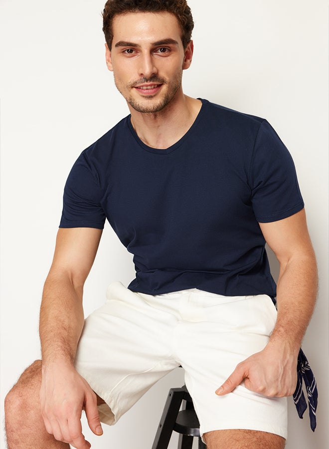 trendyol Navy Blue Slim/Slim Cut Basic V Neck Short Sleeve 100% Cotton T-Shirt - Image 1