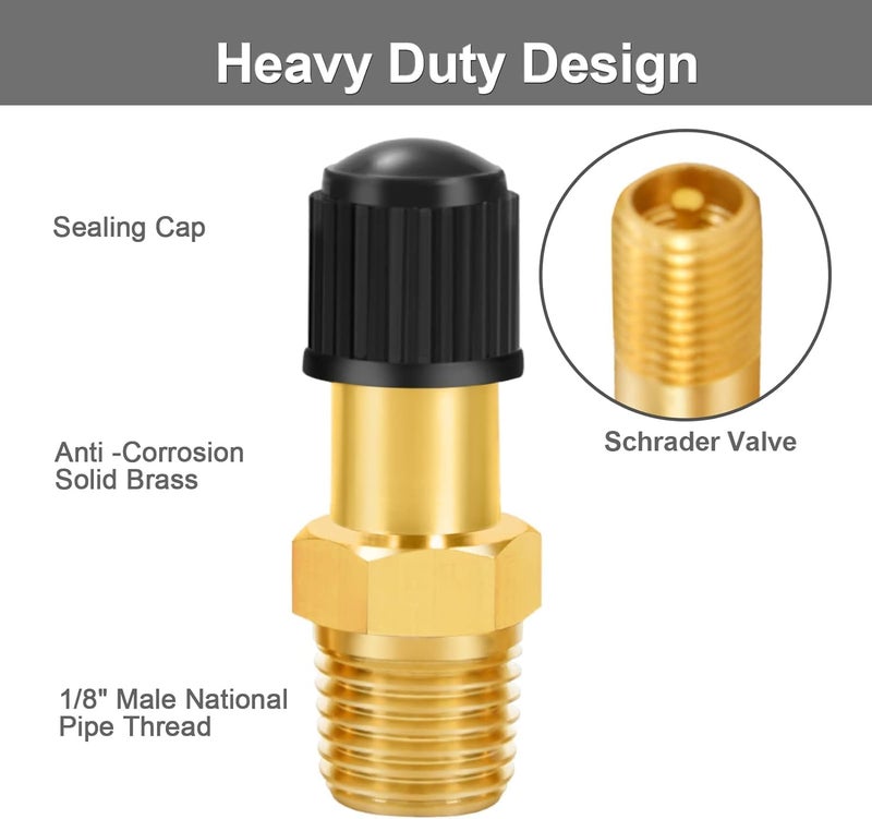 GODESON 1/8" NPT Tank Valve, Anti-Corrosion Brass Schrader Valve with 1/8" Male NPT and Caps, Air valve Using with Air Compressor Tanks (Pack of 2) - Image 3
